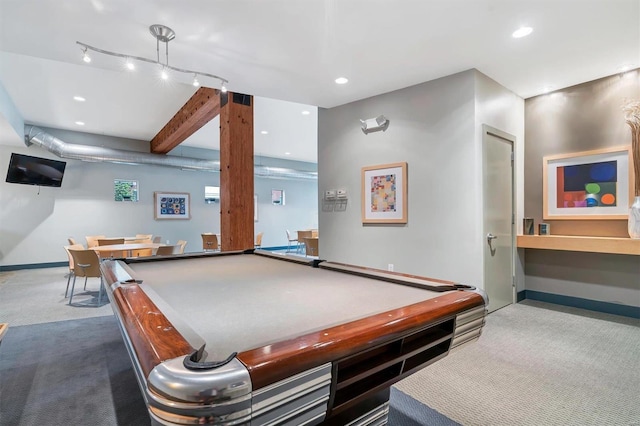 playroom featuring beamed ceiling, carpet flooring, and billiards