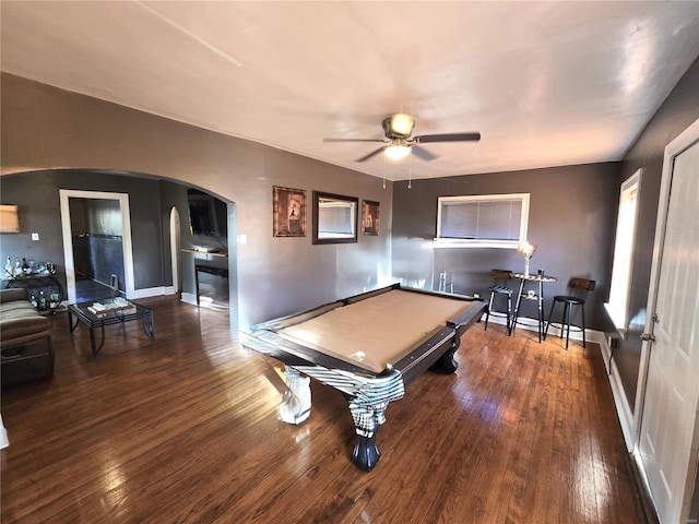 playroom featuring wood-type flooring, ceiling fan, and billiards