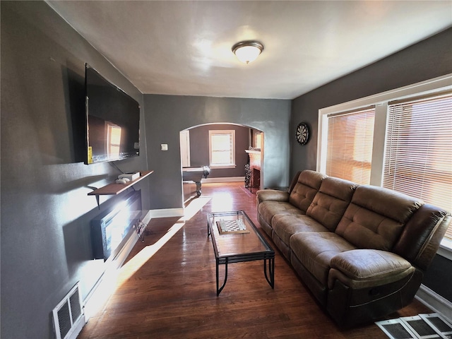 living room with dark wood-type flooring