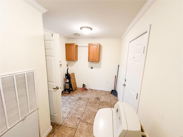 laundry area with light tile patterned floors, cabinets, ornamental molding, and electric dryer hookup