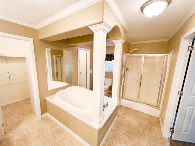 bathroom featuring ornamental molding, toilet, ornate columns, and shower with separate bathtub