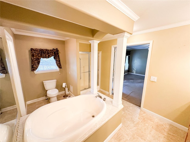 bathroom featuring ornamental molding, separate shower and tub, decorative columns, and toilet