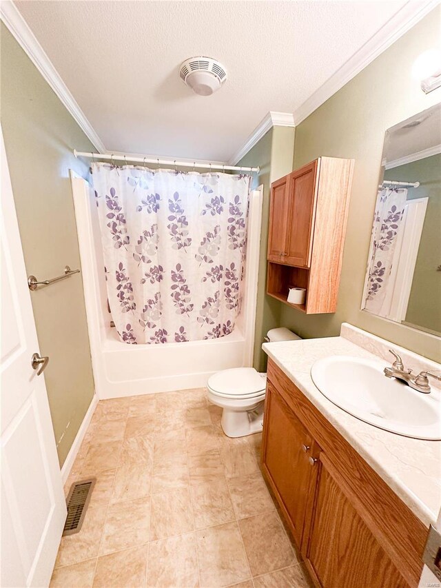 full bathroom with vanity, a textured ceiling, crown molding, toilet, and shower / tub combo with curtain