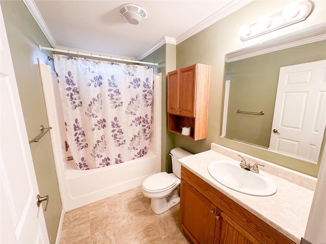 full bathroom with shower / bath combination with curtain, crown molding, vanity, and toilet