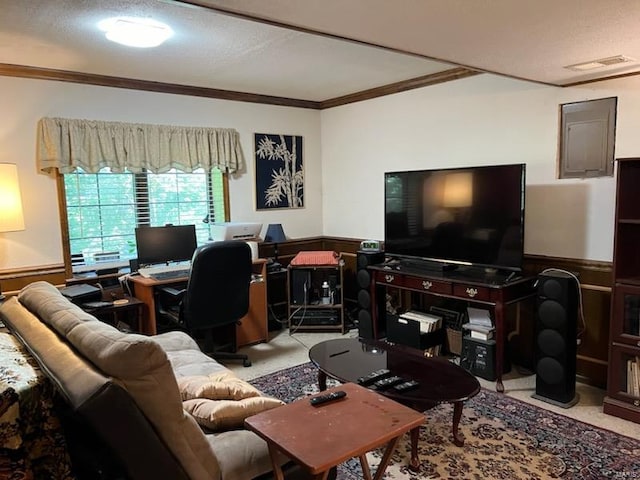 carpeted living room featuring crown molding, a textured ceiling, and wooden walls