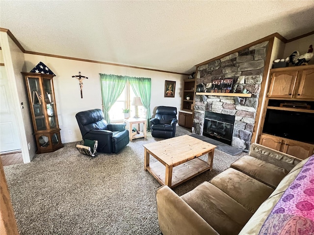 living room featuring carpet floors, a stone fireplace, lofted ceiling, and a textured ceiling