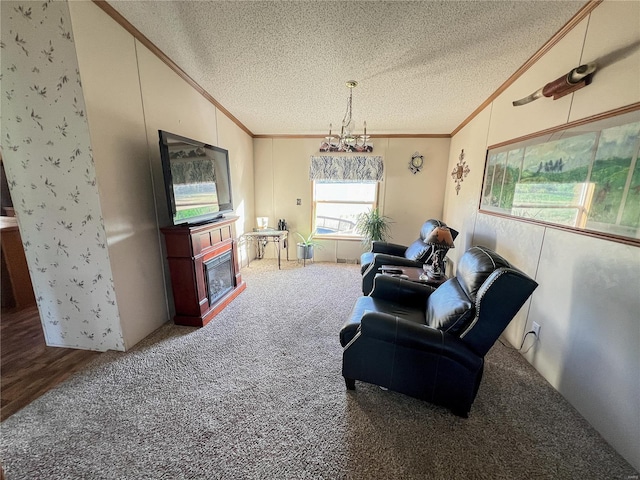 living room with lofted ceiling, ornamental molding, carpet, and a textured ceiling