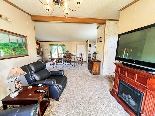 living room with a textured ceiling, vaulted ceiling with beams, an inviting chandelier, and carpet flooring