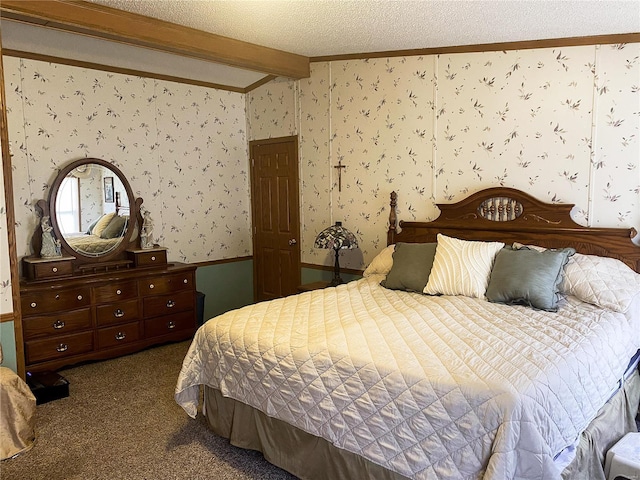 carpeted bedroom featuring a textured ceiling and beam ceiling