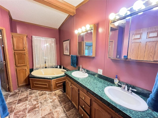 bathroom with a washtub, vaulted ceiling with beams, and vanity