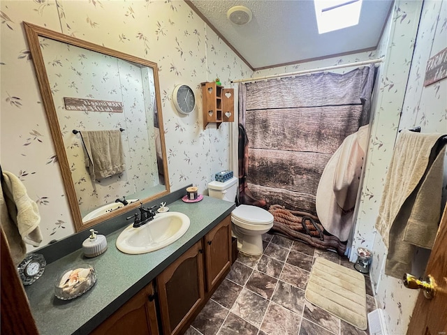 bathroom featuring vanity, lofted ceiling, toilet, and a textured ceiling