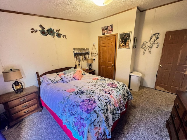 carpeted bedroom with a textured ceiling and ornamental molding