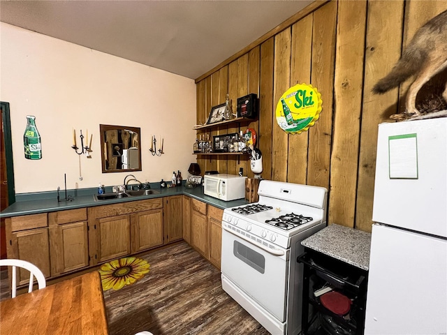 kitchen featuring white appliances, sink, and dark hardwood / wood-style flooring