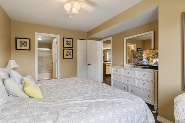 bedroom with ensuite bath, wood-type flooring, ceiling fan, and a closet