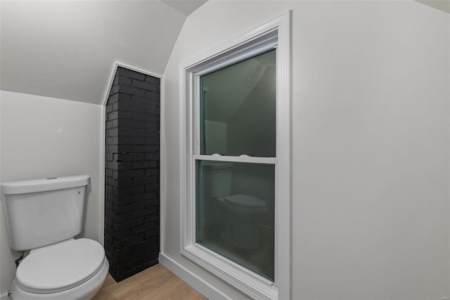 bathroom with toilet, lofted ceiling, and hardwood / wood-style flooring