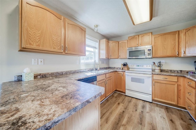 kitchen featuring appliances with stainless steel finishes, sink, light brown cabinetry, and light wood-type flooring