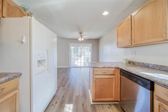 kitchen featuring white fridge with ice dispenser, kitchen peninsula, light wood-type flooring, stainless steel dishwasher, and ceiling fan