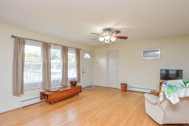 sitting room with light hardwood / wood-style floors, baseboard heating, and ceiling fan