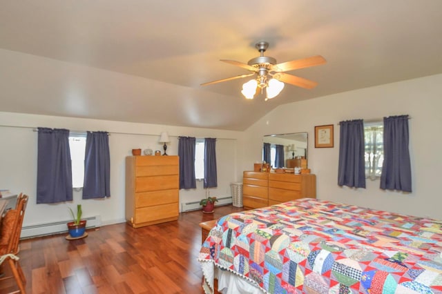 bedroom featuring dark wood-type flooring, multiple windows, ceiling fan, and a baseboard radiator