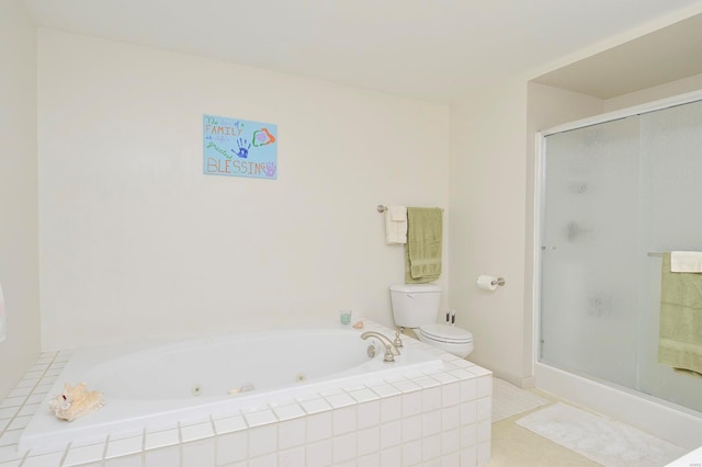 bathroom featuring separate shower and tub, toilet, and tile patterned floors