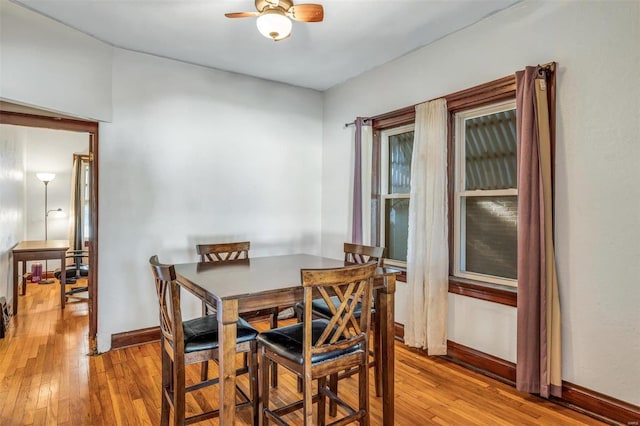 dining room with ceiling fan and light hardwood / wood-style floors