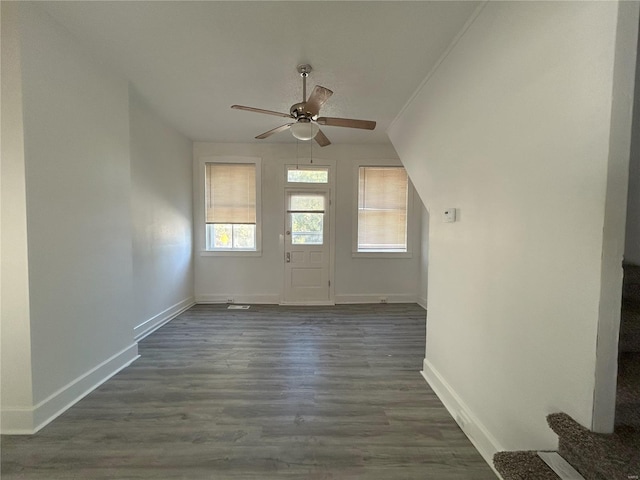 foyer entrance with ceiling fan, lofted ceiling, and dark hardwood / wood-style flooring