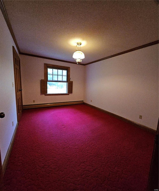 spare room with carpet floors, a baseboard radiator, ornamental molding, and a textured ceiling