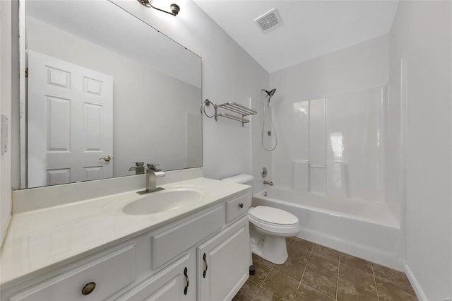 full bathroom featuring bathtub / shower combination, toilet, vanity, and tile patterned floors