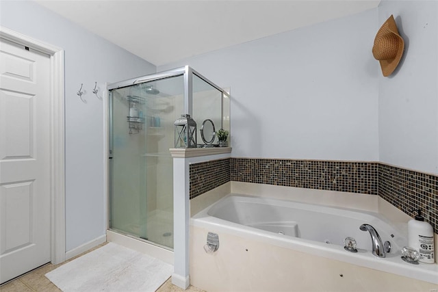 bathroom featuring independent shower and bath and tile patterned floors