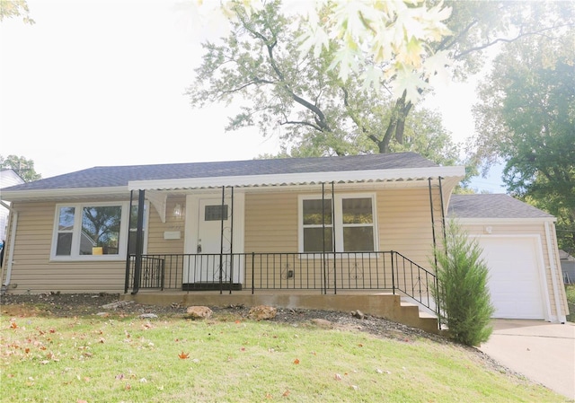 ranch-style house featuring a garage, a shingled roof, concrete driveway, a porch, and a front lawn