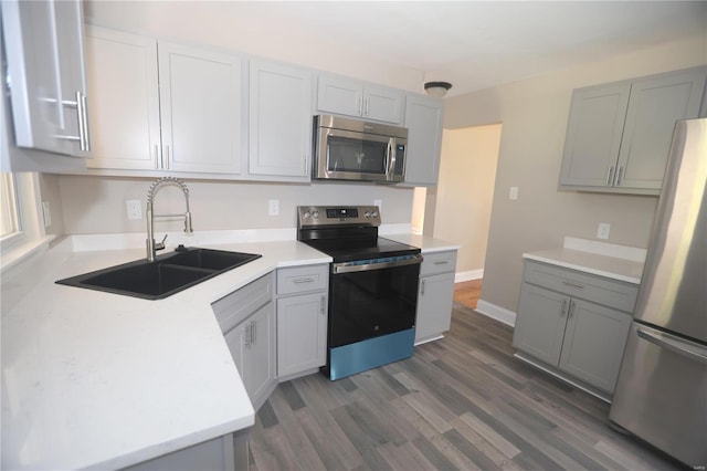 kitchen with dark hardwood / wood-style flooring, stainless steel appliances, sink, and gray cabinetry