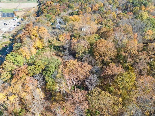 drone / aerial view featuring a wooded view