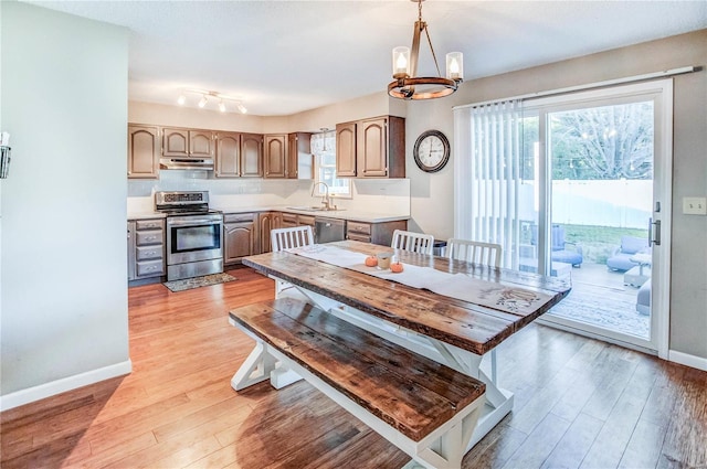 kitchen with a chandelier, light hardwood / wood-style flooring, hanging light fixtures, and stainless steel appliances