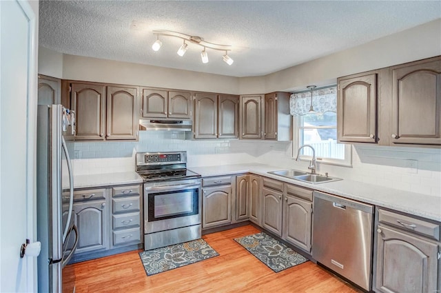 kitchen featuring sink, a textured ceiling, stainless steel appliances, and light hardwood / wood-style floors