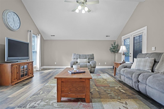 living room featuring french doors, ceiling fan, high vaulted ceiling, and dark hardwood / wood-style flooring