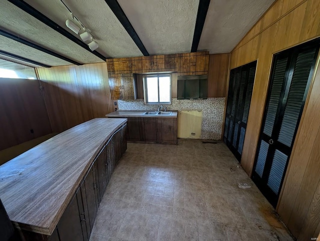 kitchen featuring a textured ceiling, wood walls, sink, and tasteful backsplash