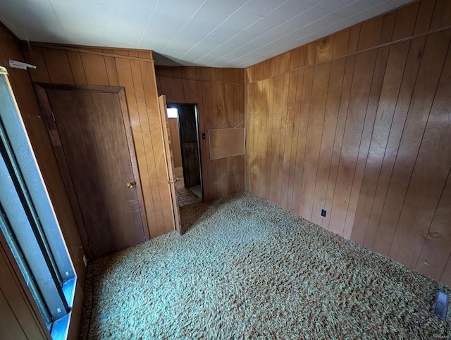 spare room with carpet floors and wood walls