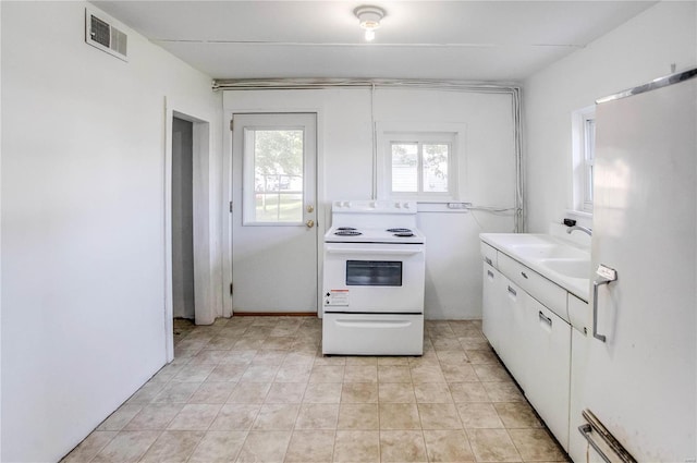 kitchen featuring sink, white cabinetry, and white appliances