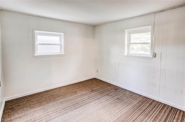 empty room featuring carpet floors, wooden walls, and plenty of natural light