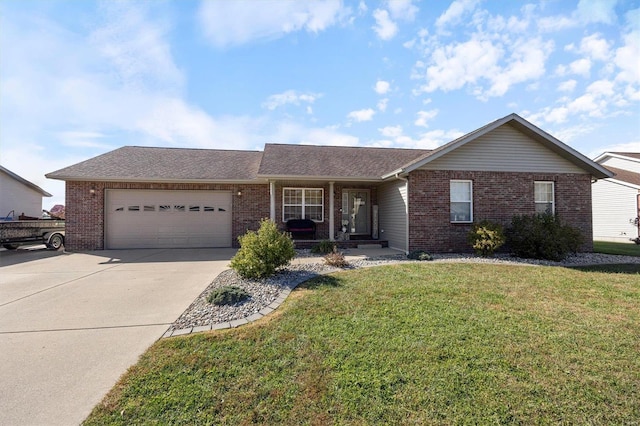 ranch-style house with a front yard and a garage