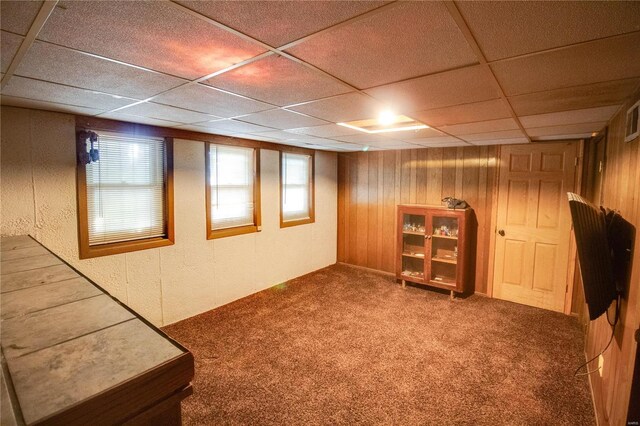 basement featuring wooden walls, a paneled ceiling, and carpet