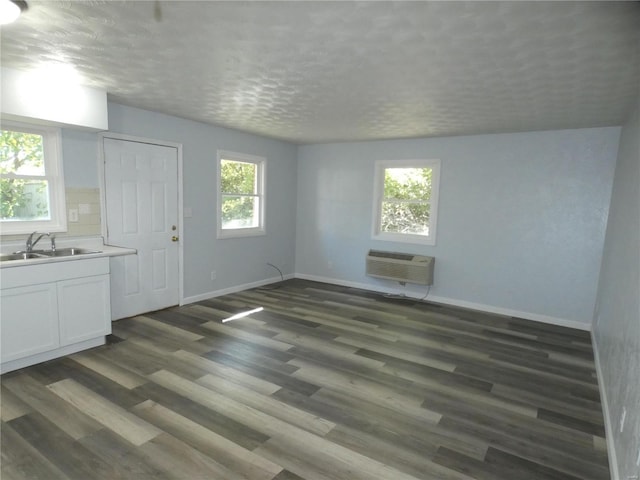 interior space featuring dark hardwood / wood-style floors, sink, a wall mounted AC, and a textured ceiling