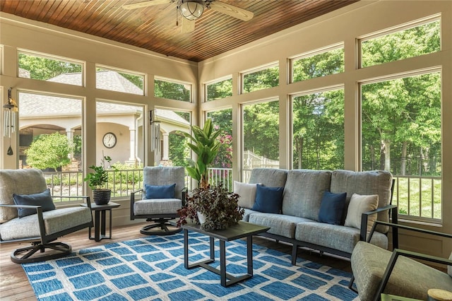 sunroom featuring wood ceiling and a ceiling fan