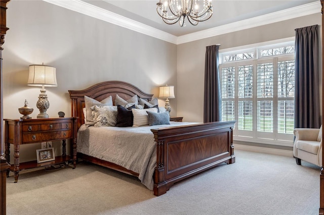 bedroom with a notable chandelier, light colored carpet, and ornamental molding