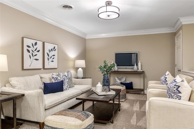 living area with visible vents, carpet floors, baseboards, and ornamental molding