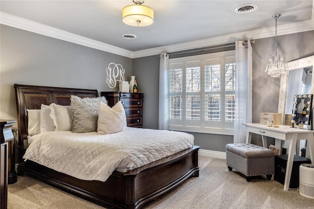 bedroom featuring a chandelier, visible vents, crown molding, and carpet