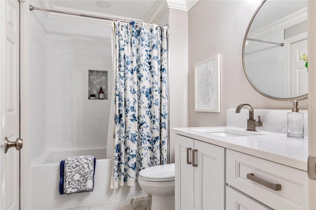 full bath featuring vanity, crown molding, toilet, and shower / bath combo