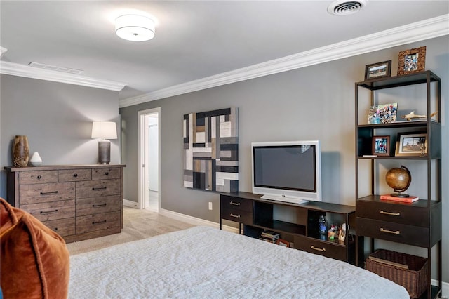 bedroom featuring ornamental molding, carpet, visible vents, and baseboards