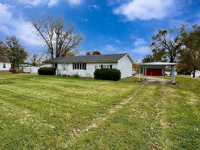 exterior space featuring a storage shed and a lawn