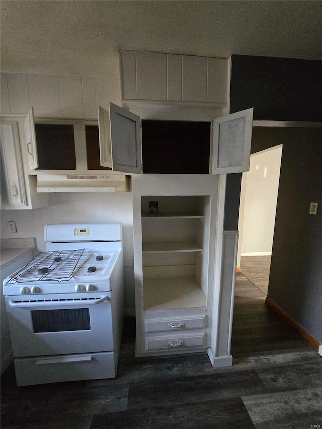 kitchen featuring white cabinetry, white range with gas cooktop, and dark hardwood / wood-style floors